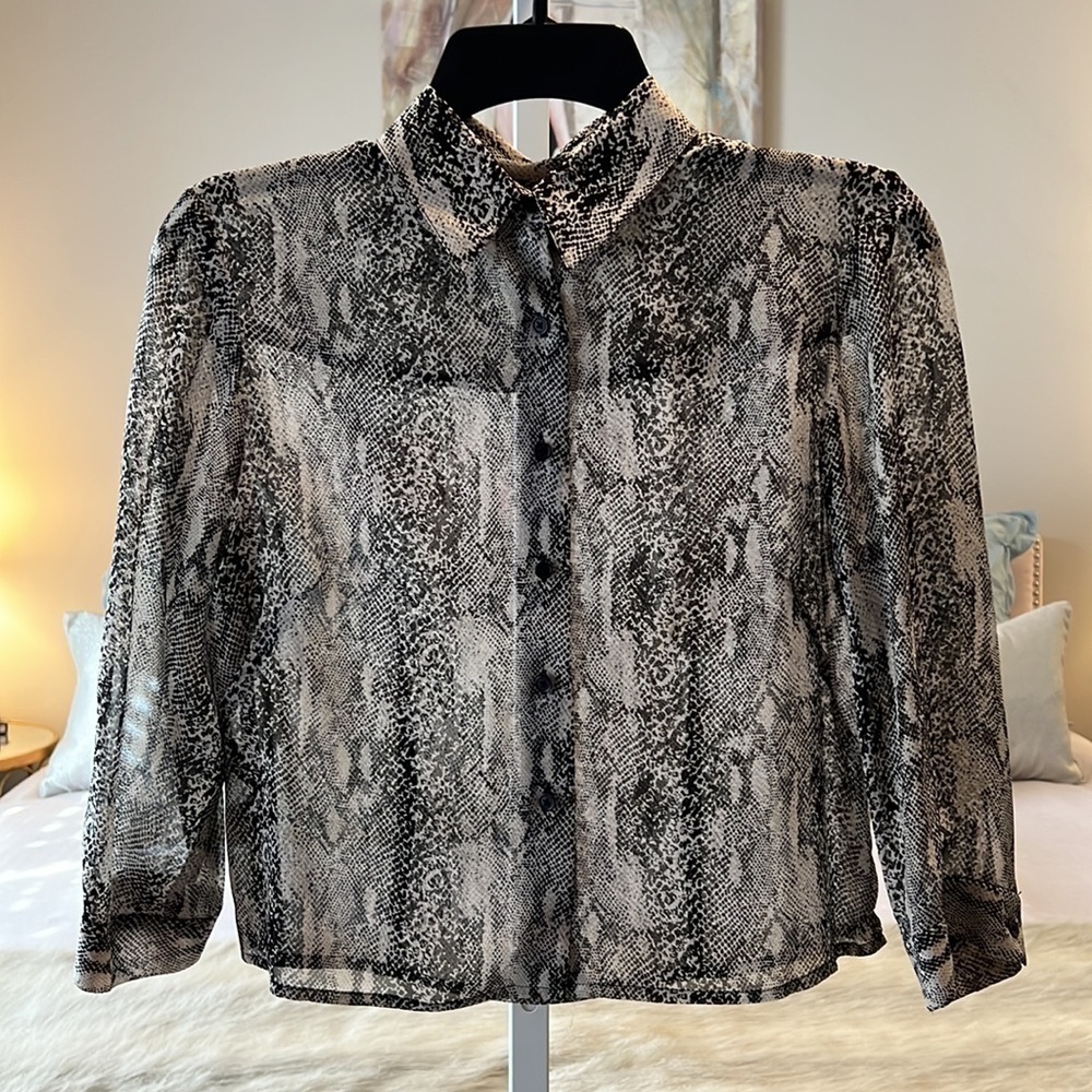 Vintage ANN TAYLOR Beige Black Sheer Snake 3/4 Sleeves 4P Button Down Shirt - Picture 5 of 13